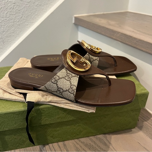 Gucci Blondie Logo-Embellished Leather and Coated-Canvas Sandals - Picture 5 of 8